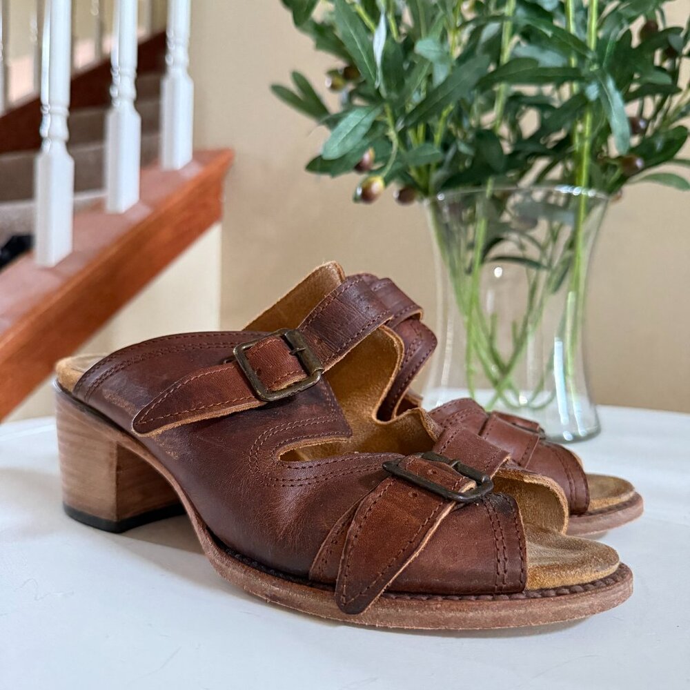 Freebird Shoes Caprice Leather Strappy Block-Heel Slide Cognac 10